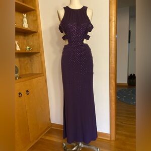 La Femme 22287 Jersey Gown in Deep Purple Strappy Back Sequins Prom Dance Formal